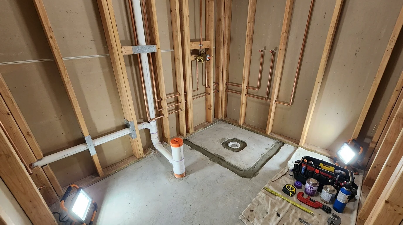 Bathroom rough-in plumbing during remodel by Johns Plumbing LLC in Alvin