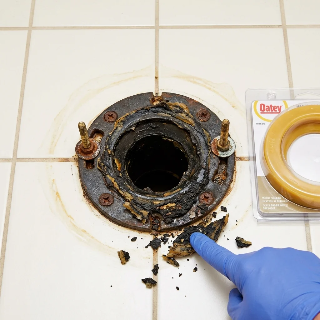 Failed wax ring showing water seepage at the base of a toilet in a Alvin, TX home